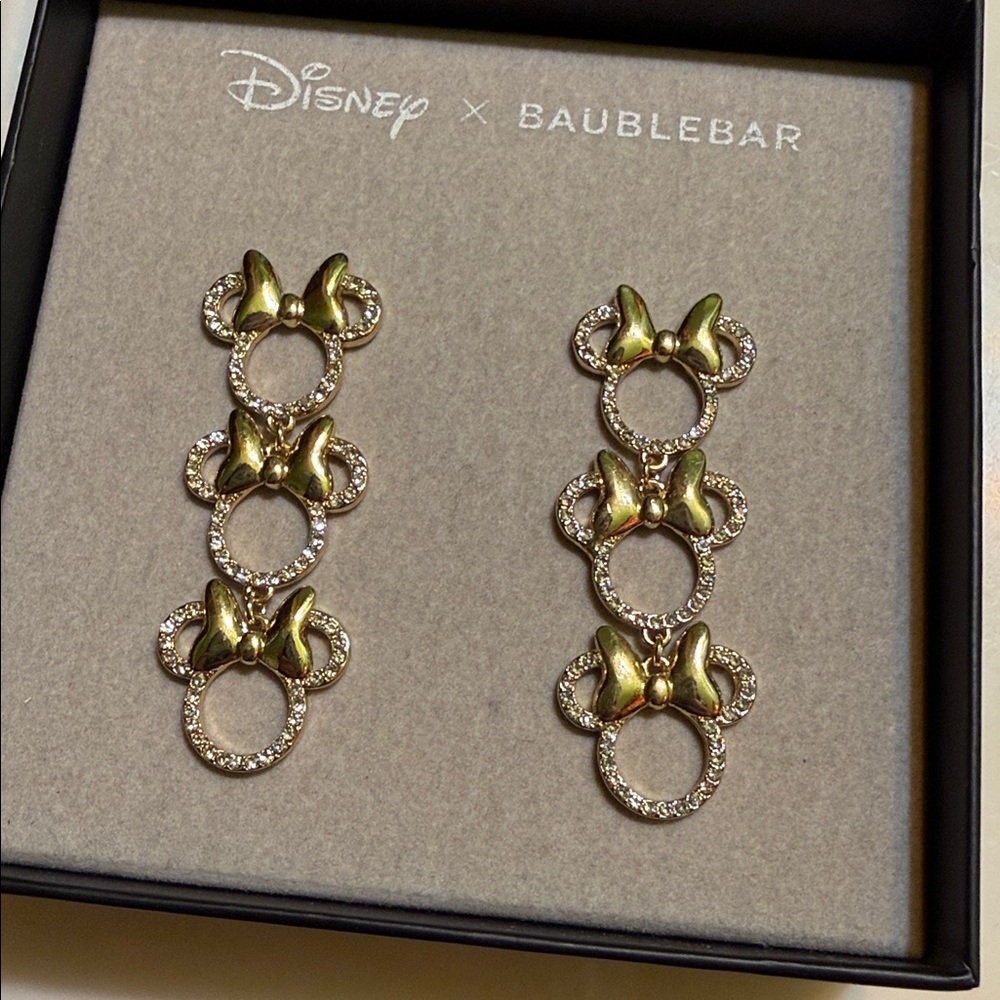 Disney x BaubleBar Triple Minnie Mouse Head Gold Bow Pavรฉ Crystals Drop Earrings